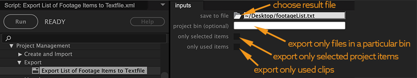 usage of the tool to export all Premiere Pro footage file paths to a text file