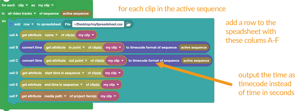 Automation Blocks script to export clip details to a spreadsheet